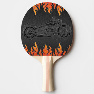 Raquette De Ping Pong Cuir noir flammes orange feu chaud moto