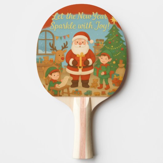 Raquette De Ping Pong Cute Santa & Elves New Year Holiday Card (Devant)