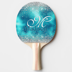 Raquette De Ping Pong Cute turquoise silver faux glitter monogram
