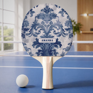 Raquette De Ping Pong Damas élégant Toile de Jouy bleue monogramme