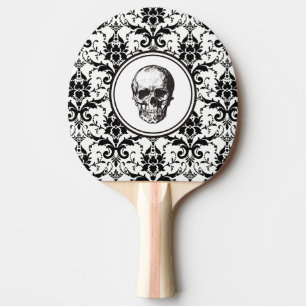 Raquette De Ping Pong Damassé de crâne gothique élégant noir
