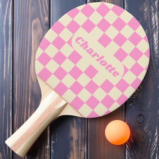 Raquette De Ping Pong Damier Rose & Crème avec Nom