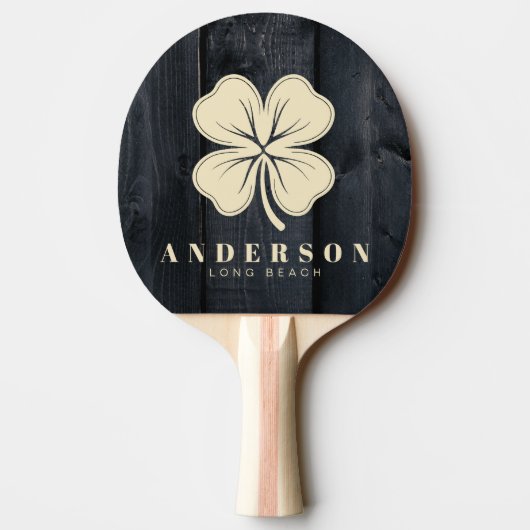 Raquette De Ping Pong Dark Burnt Wood Four Leaf Clover with Name (Dos)