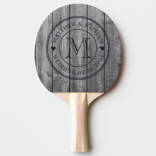 Raquette De Ping Pong Dark Clean Gray Wood Wedding Monogram Heart (Devant)