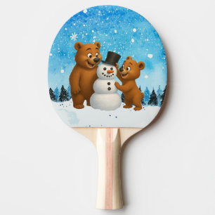 Raquette De Ping Pong des ours mignons construisant un bonhomme de neige