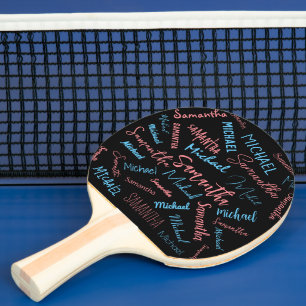 Raquette De Ping Pong Deux noms couples motif monogramme bleu rose clair