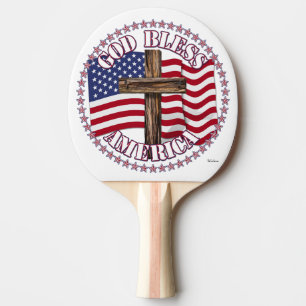 Raquette De Ping Pong Dieu Bénisse l'Amérique et Croix Avec Drapeau USA