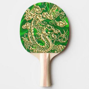Raquette De Ping Pong Dragon en or embouti sur impression en satin vert