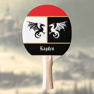 Raquette De Ping Pong Dragons en noir blanc avec garniture de couleur or
