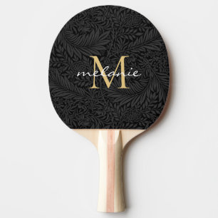 Raquette De Ping Pong Élégant BlacK Floral Gold Script Monogramme