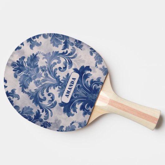 Raquette De Ping Pong Élégant damassé Bleu toile de jouy monogramme (Côté)