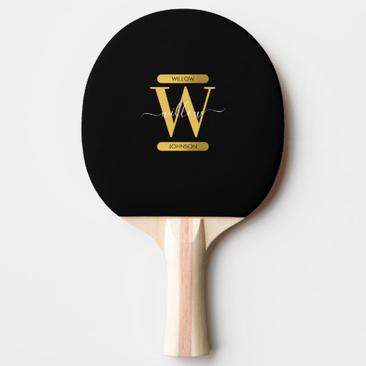 Raquette De Ping Pong Élégant Monogramme noir & or Script moderne (Devant)