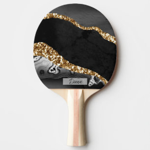 Raquette De Ping Pong Élégant Noir Blanc Liquide Marbre Moderne Nom