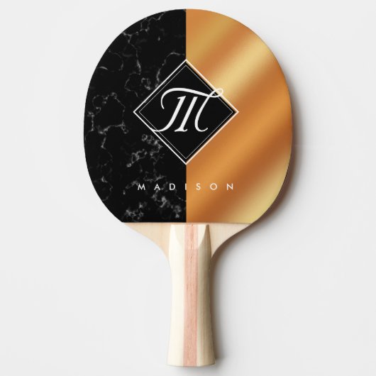 Raquette De Ping Pong Élégant noir marbre et cuivre Script Monogramme (Devant)