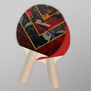 Raquette De Ping Pong Elégant rouge noir corbeille d'or géométrique