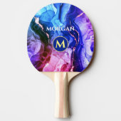Raquette De Ping Pong Encre Liquide Violet Rouge Bleu, Monogramme & Nom (Dos)
