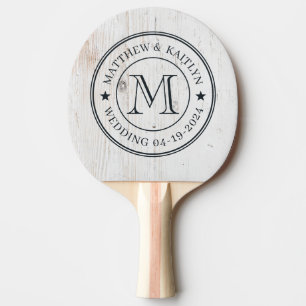 Raquette De Ping Pong Étoile de monogramme de mariage en bois peint blan