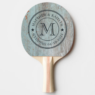 Raquette De Ping Pong Étoile de monogramme de mariage en bois peint bleu