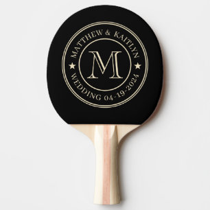 Raquette De Ping Pong Étoile de monogramme de mariage noir et crème