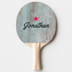 Raquette De Ping Pong Étoile Vintage Bois Bleu Peint Signature