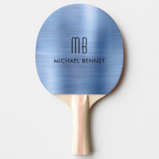 Raquette De Ping Pong Faux Bleus Bleu élégant Nom du monogramme métalliq