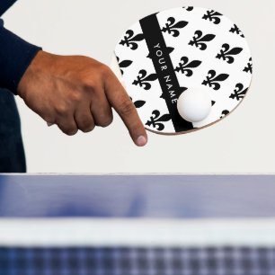 Raquette De Ping Pong Fleur de Lis, Noir sur Blanc, Noir, Votre Nom