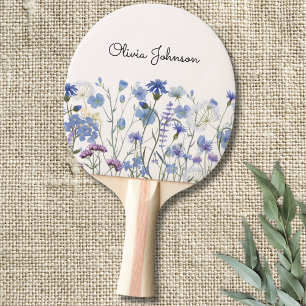 Raquette De Ping Pong Fleur de Monogramme Bleu Aquarelle Floral Sauvage