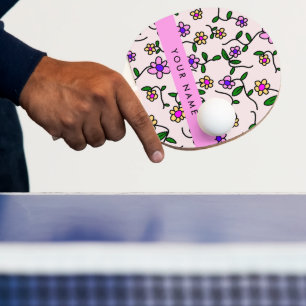 Raquette De Ping Pong Fleurs Colorées, Fond Rose, Rose