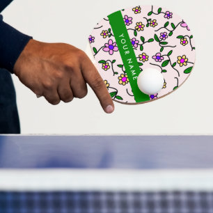 Raquette De Ping Pong Fleurs Colorées, Fond Rose, Vert