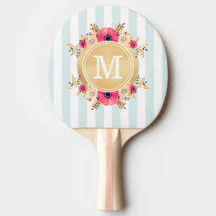 Raquette De Ping Pong Fleurs d'aquarelle à la menthe Faux or Monogramme