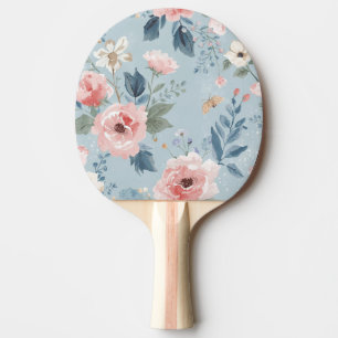 Raquette De Ping Pong Fleurs de jardin aquarelle bleu poussiéreux roses