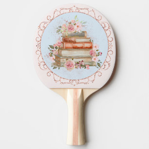 Raquette De Ping Pong Fleurs de roses roses aquarelles vintage et livres