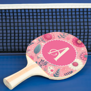 Raquette De Ping Pong Fleurs enchaînées monogrammes roses personnalisées