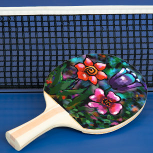 Raquette De Ping Pong Fleurs florales blanches bleu rose