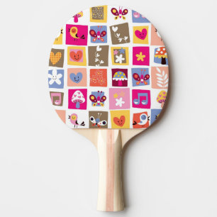 Raquette De Ping Pong fleurs mignonnes, oiseaux, motif de carrés de