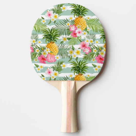 Raquette De Ping Pong Fleurs tropicales et ananas sur des bandes Turquoi (Devant)