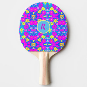 Raquette De Ping Pong Fond à motif de fleurs rose bleu jaune ajouter nom