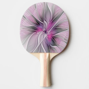 Raquette De Ping Pong Fractal Floral Moderne Abstrait Fleur Rose Gris