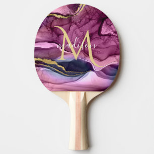 Raquette De Ping Pong Géode d'âge monogramme violet rose et or