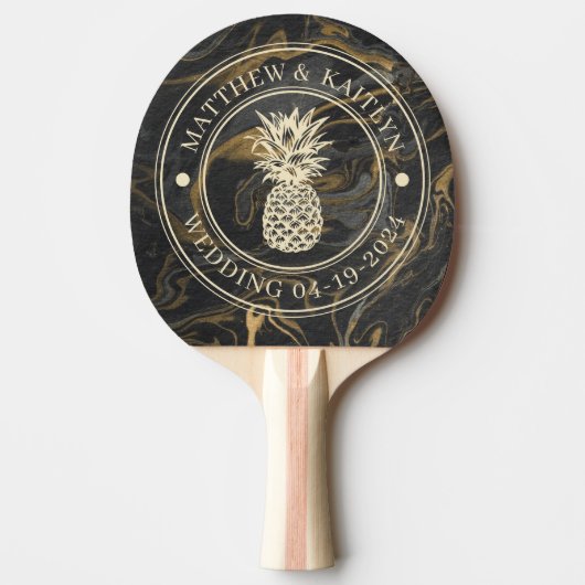 Raquette De Ping Pong Gold Black Marble Pineapple Wedding Crest & Names (Devant)