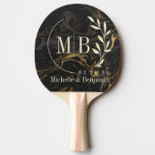 Raquette De Ping Pong Gold Black Marble Swirl Leaf Wedding Monogram (Dos)