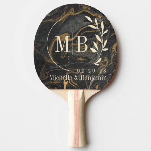 Raquette De Ping Pong Gold Black Marble Swirl Leaf Wedding Monogram (Devant)
