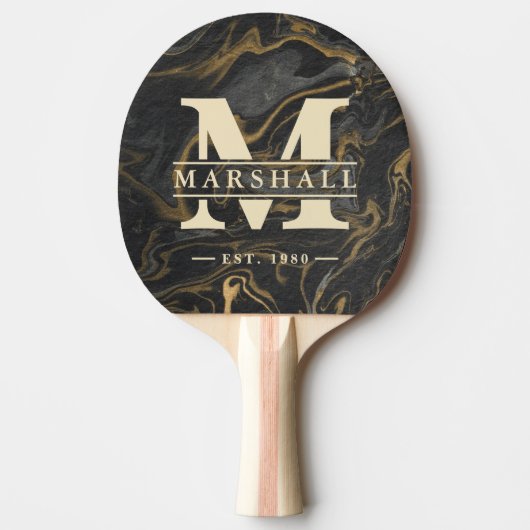 Raquette De Ping Pong Gold Black Marble Swirl Monogram & Name Overlay (Devant)