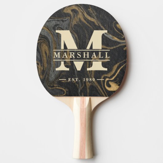 Raquette De Ping Pong Gold Black Marble Swirl Monogram & Name Overlay (Devant)