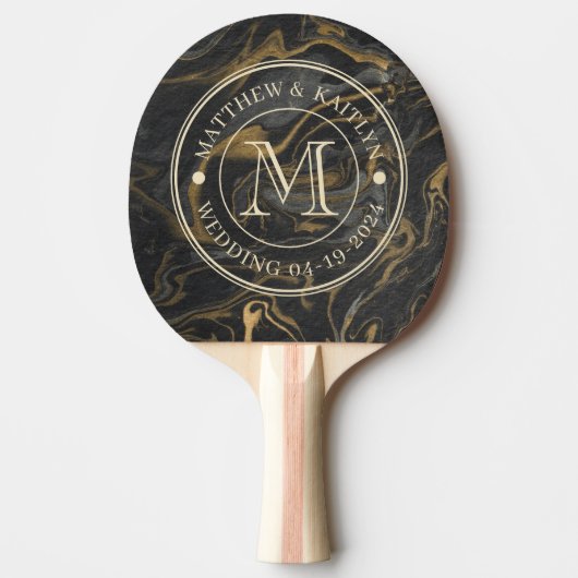 Raquette De Ping Pong Gold Black Marble Swirl Stone Wedding Monogram (Devant)
