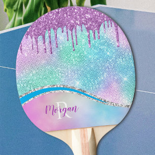 Raquette De Ping Pong Gouttes de paillettes violettes, iridescent, nom e