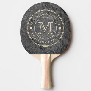 Raquette De Ping Pong Granit Foncé Moderne Coeur Monogramme Mariage Pier