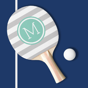 Raquette De Ping Pong Gray and Aqua Preppy Stripes Monogramme