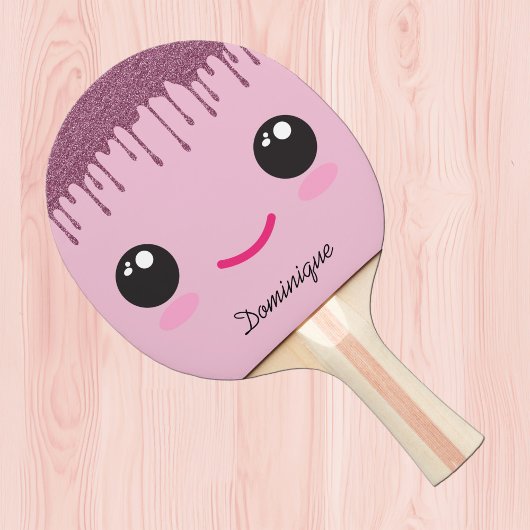 Raquette De Ping Pong Happy Kawaii Face Faux Glitter Customizable Name