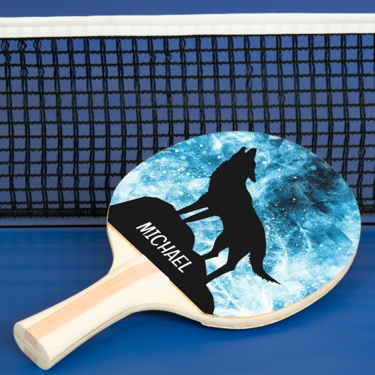 Raquette De Ping Pong Howling Winter Wolf enneigé bleu Nom personnalisé (Insitu)